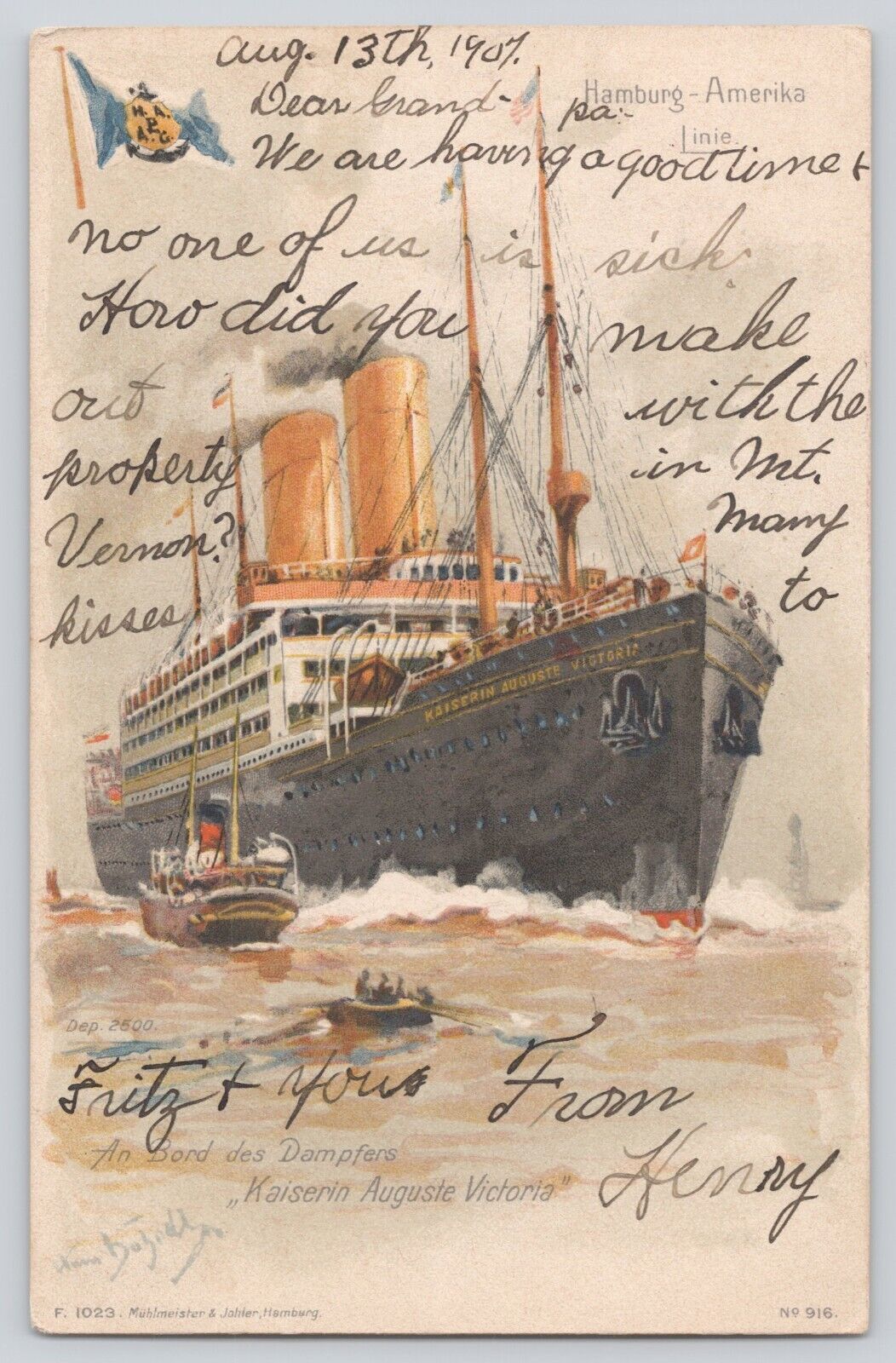 Postcard Steamship Ship Hamburg Amerika Line SS Kaiserin Auguste Victoria 1907