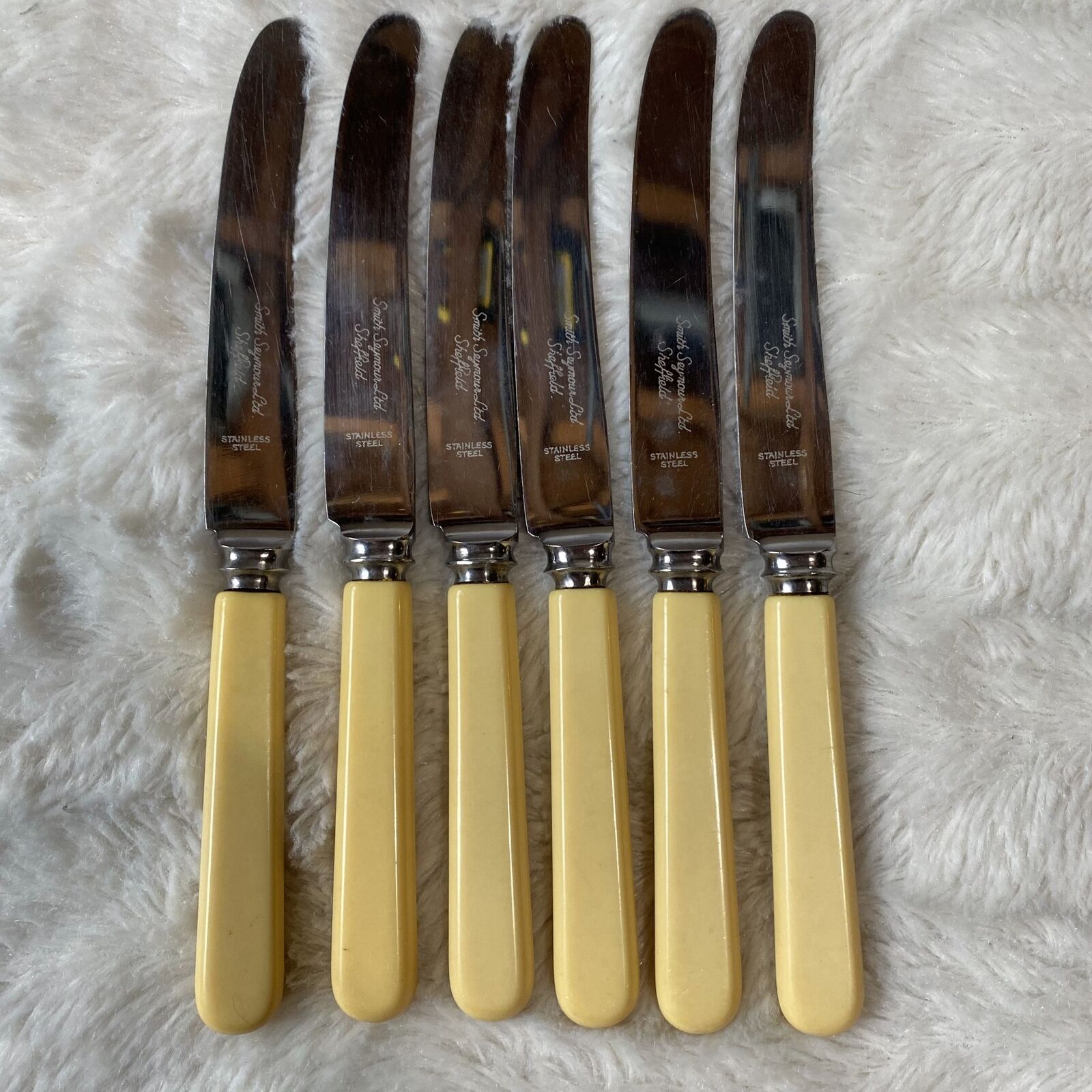 Vintage Faux Bone Handle Table Knives by Smith Seymour Sheffield Set Of 6