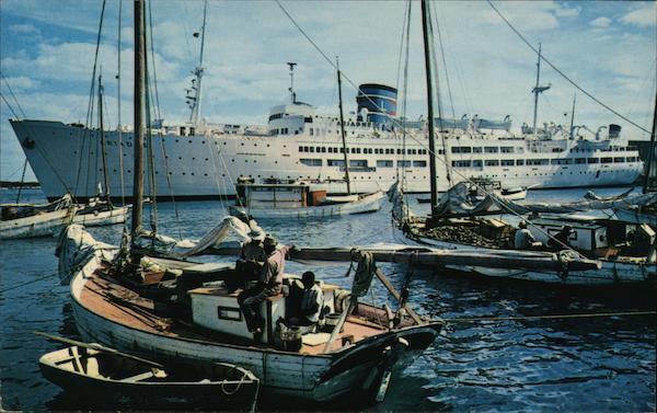 Bahamas Nassau Waterfront Scene Showing Boats Old and New Chrome Postcard