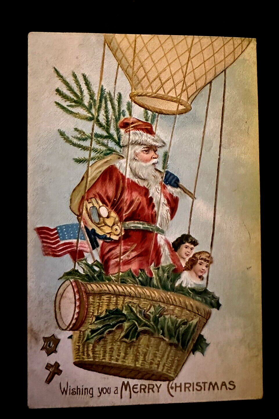 Patriotic~Santa Claus in Hot Air Balloon~Flag~Children~Christmas Postcard~h902