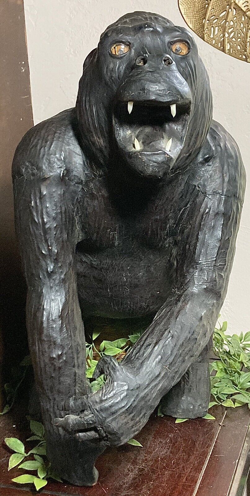 Large Vintage Leather Wrapped Gorilla/King Kong Gold Glass Eyes 22” X 17” X 10”