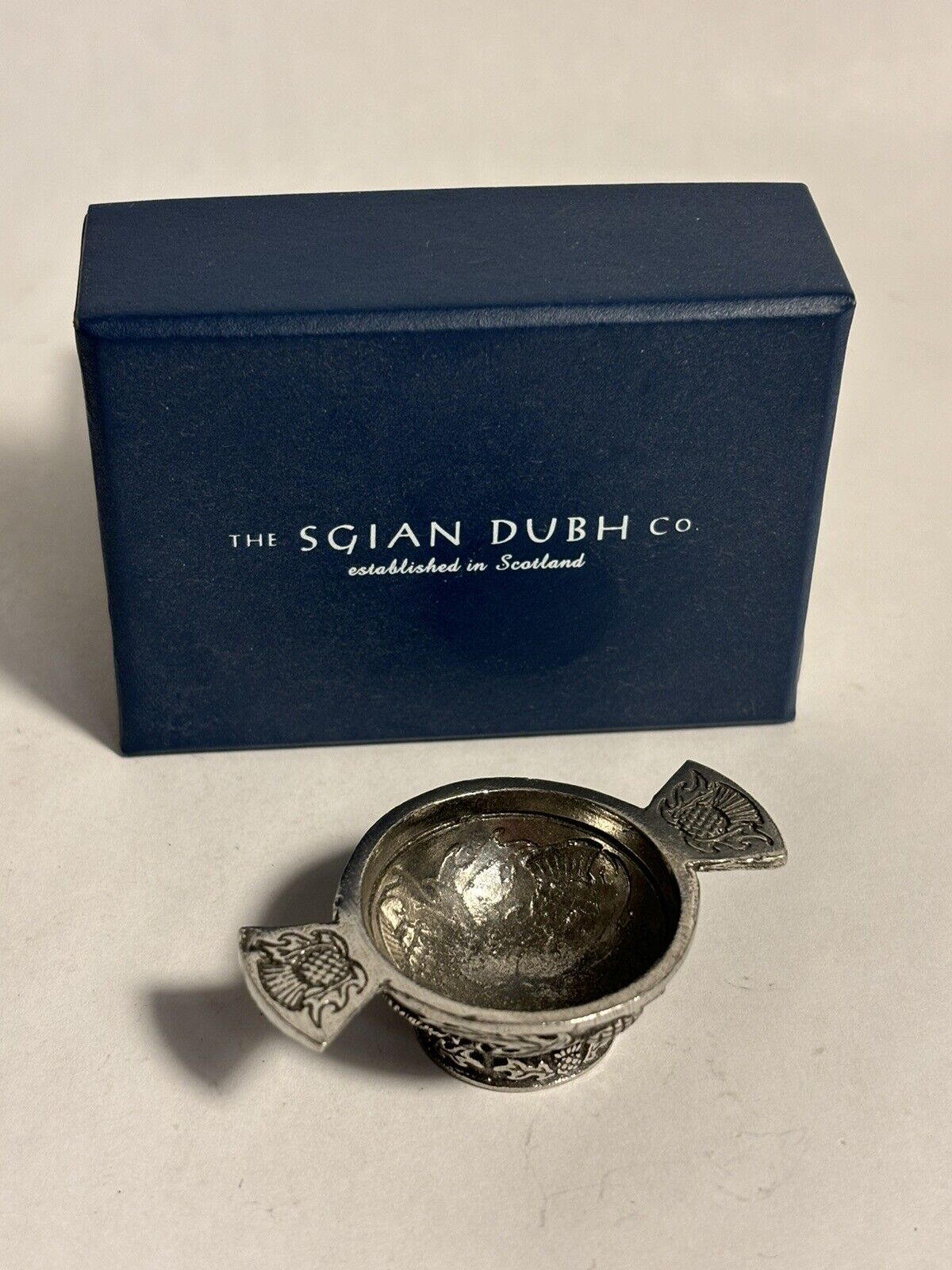 Vintage Small Scottish Quaich Sgian Dubh Pewter Toasting Bowl With Celtic Detail
