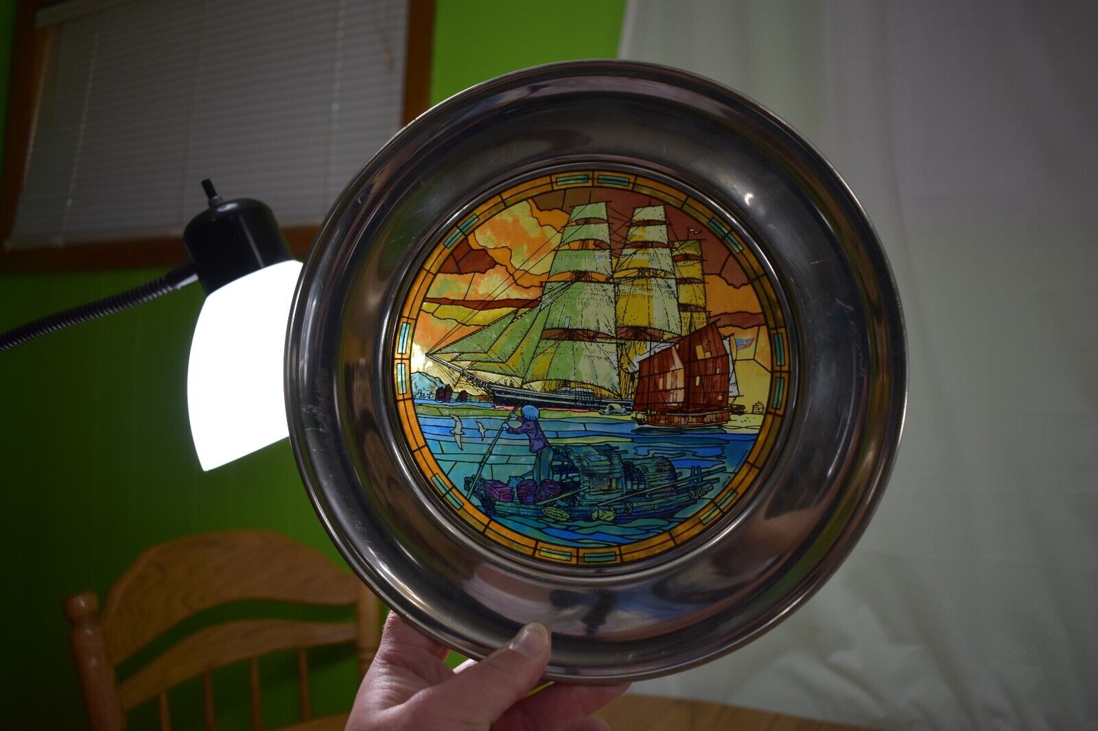 America\'s Sailing Ships Stained Glass Pewter Plate #1523 US Historical Society