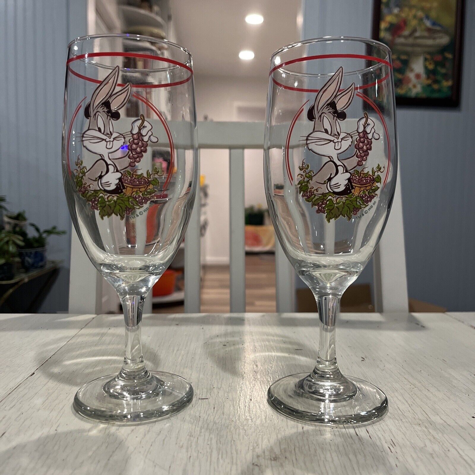 Pair of Vintage 1995 Looney Tunes Bugs Bunny With Grapes Stemmed Wine Glasses WB