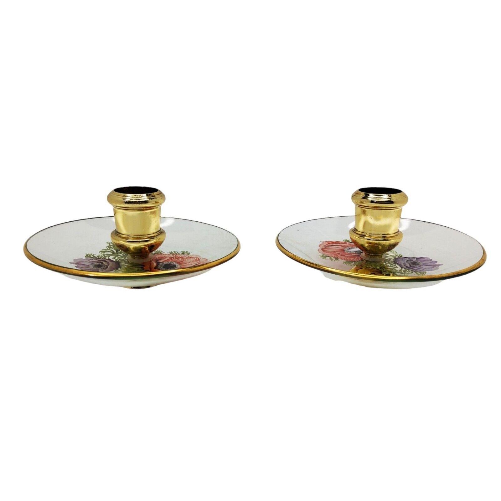 Vintage Chance Glass Candlestick Holder Set with Poppy Flowers and Gold Rim 5\