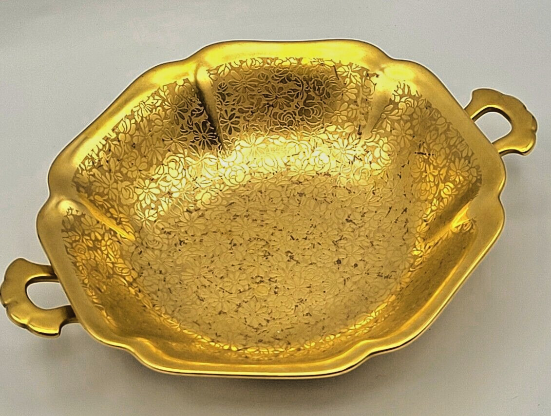 VTG 1930's Pickard China USA Gold Etched Handled Dish #281 Rose & Daisy Pattern