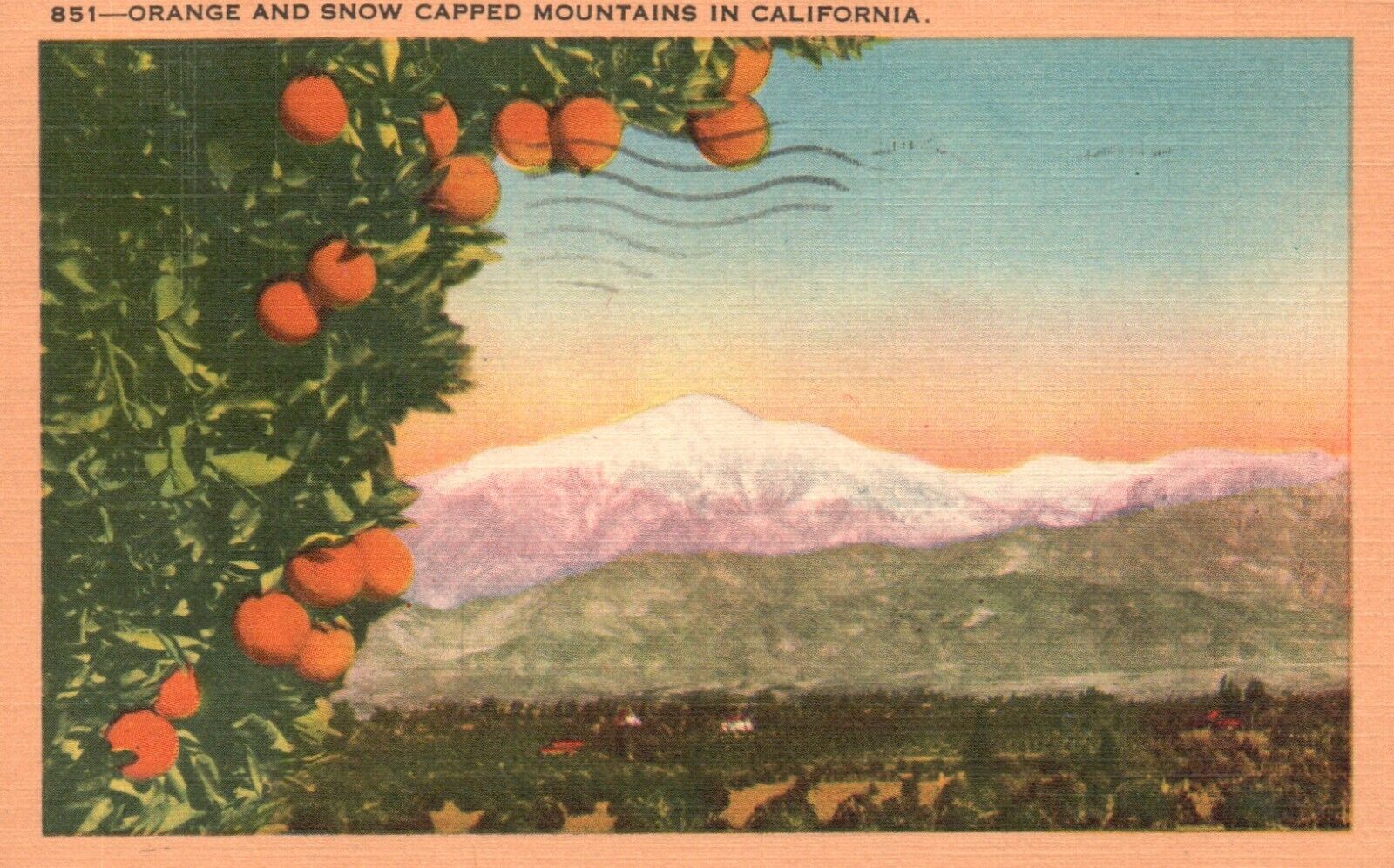 Postcard CA Oranges & Snow Capped Mountains Cali 1945 Linen Vintage PC f4771
