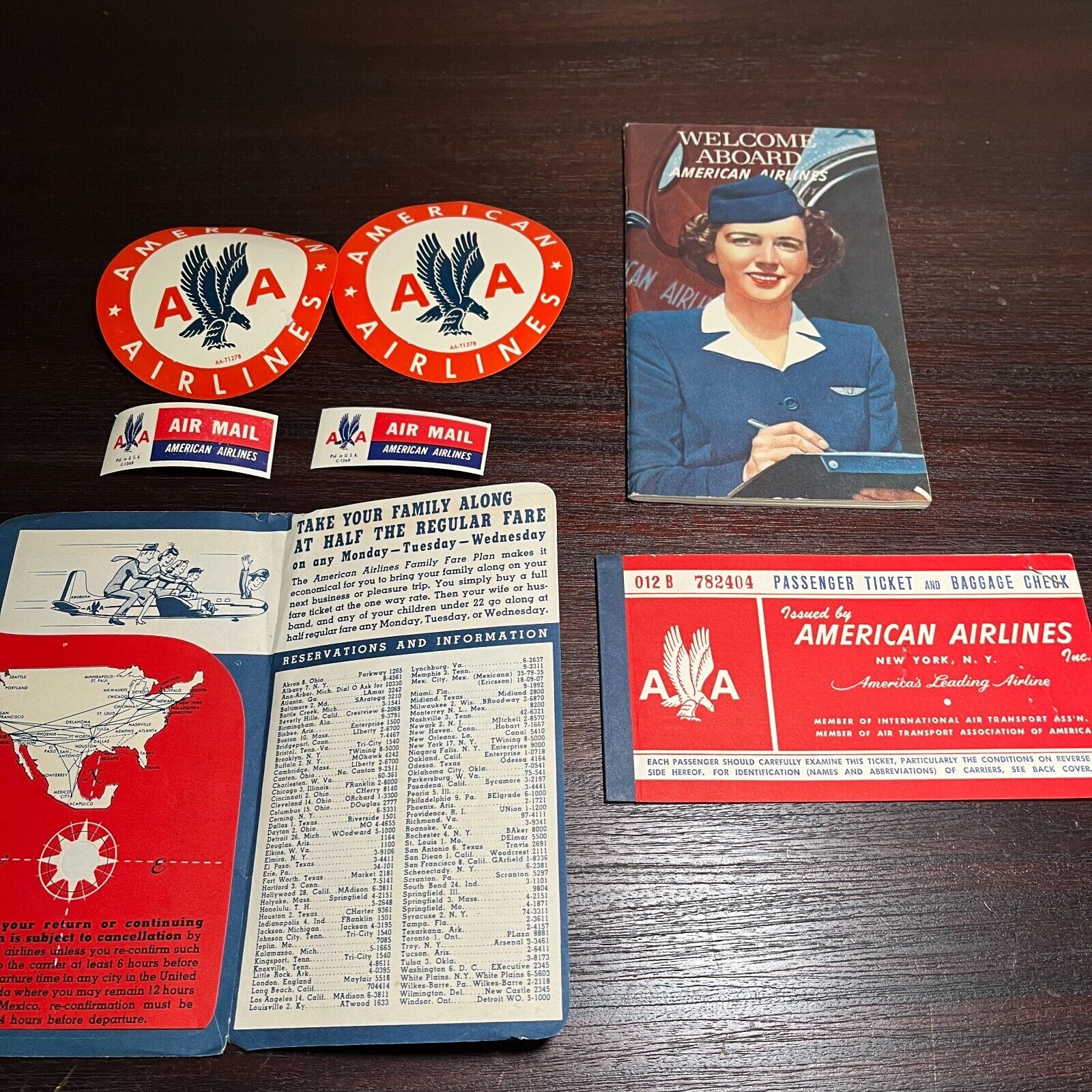 Vintage 1952 American Airlines Welcome Aboard Booklet Brochure, Stickers, ticket