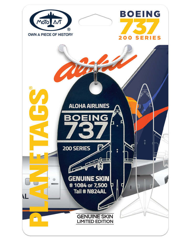Aloha Airlines Boeing 737-200 Tail #N824AL Blu Aluminum Plane Metal Skin Bag Tag
