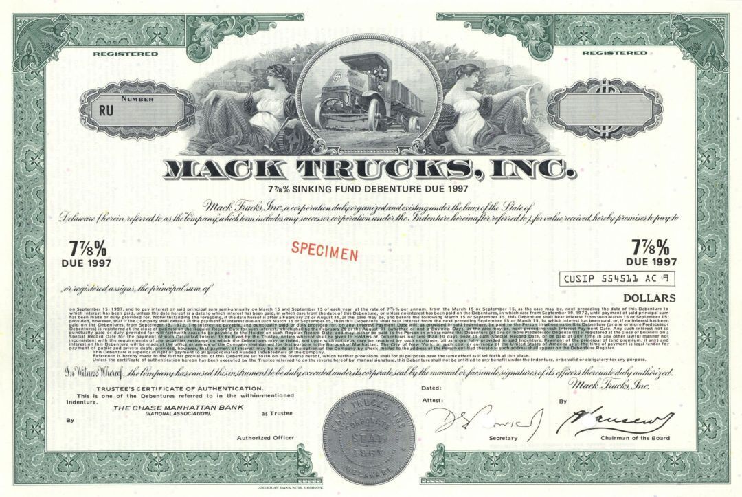 Mack Trucks Inc. - Specimen Bond - Green or Brown Available - Famous Truck Manuf