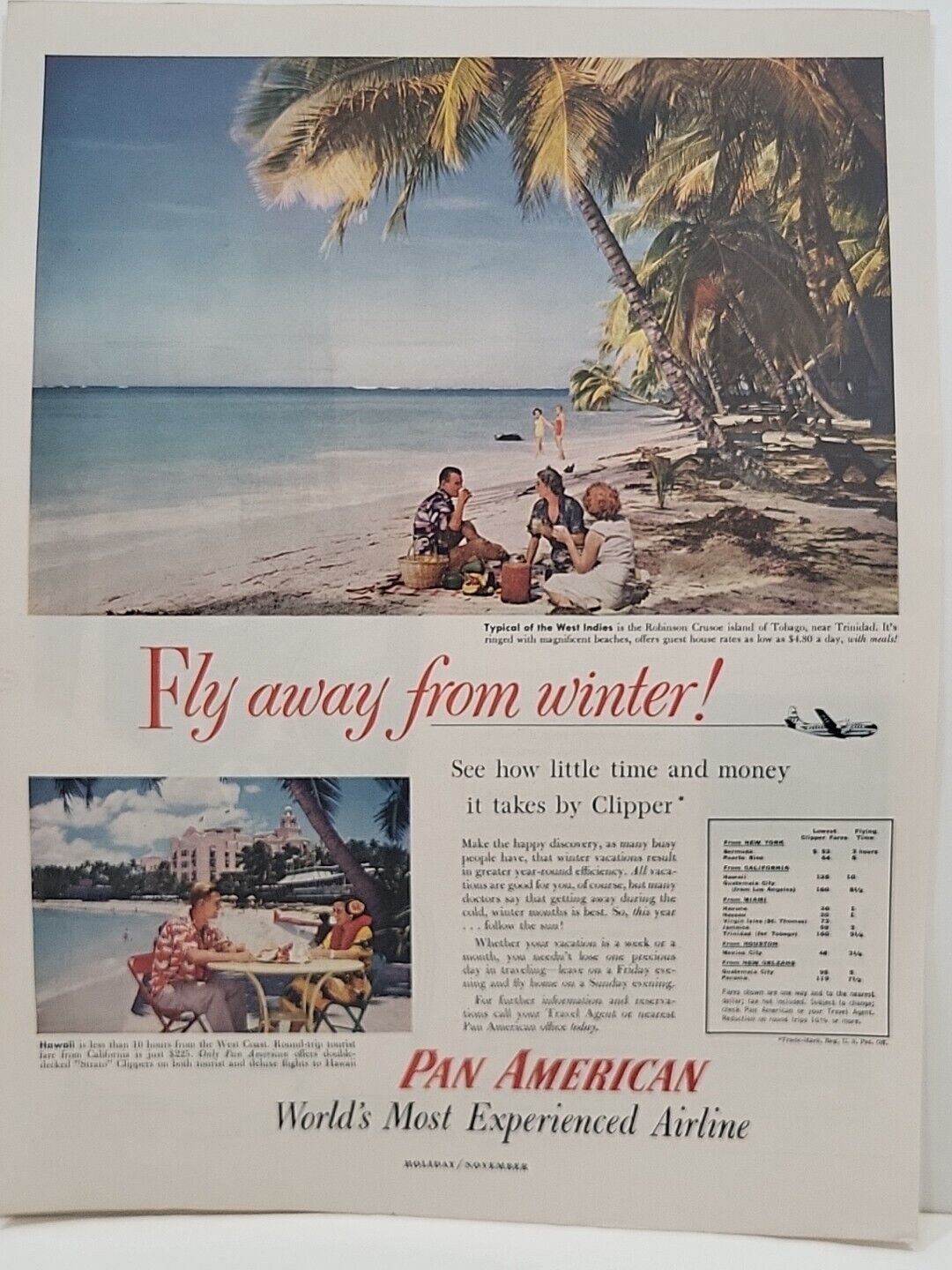 1953 Pan American Airlines Holiday Print Ad Vacation Tobago Hawaii Beaches Plane
