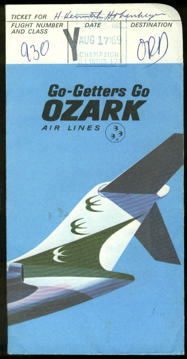 Ozark Airlines airline tcket wrapper flown O\'Hare ORD 1969 no tcket or stubs