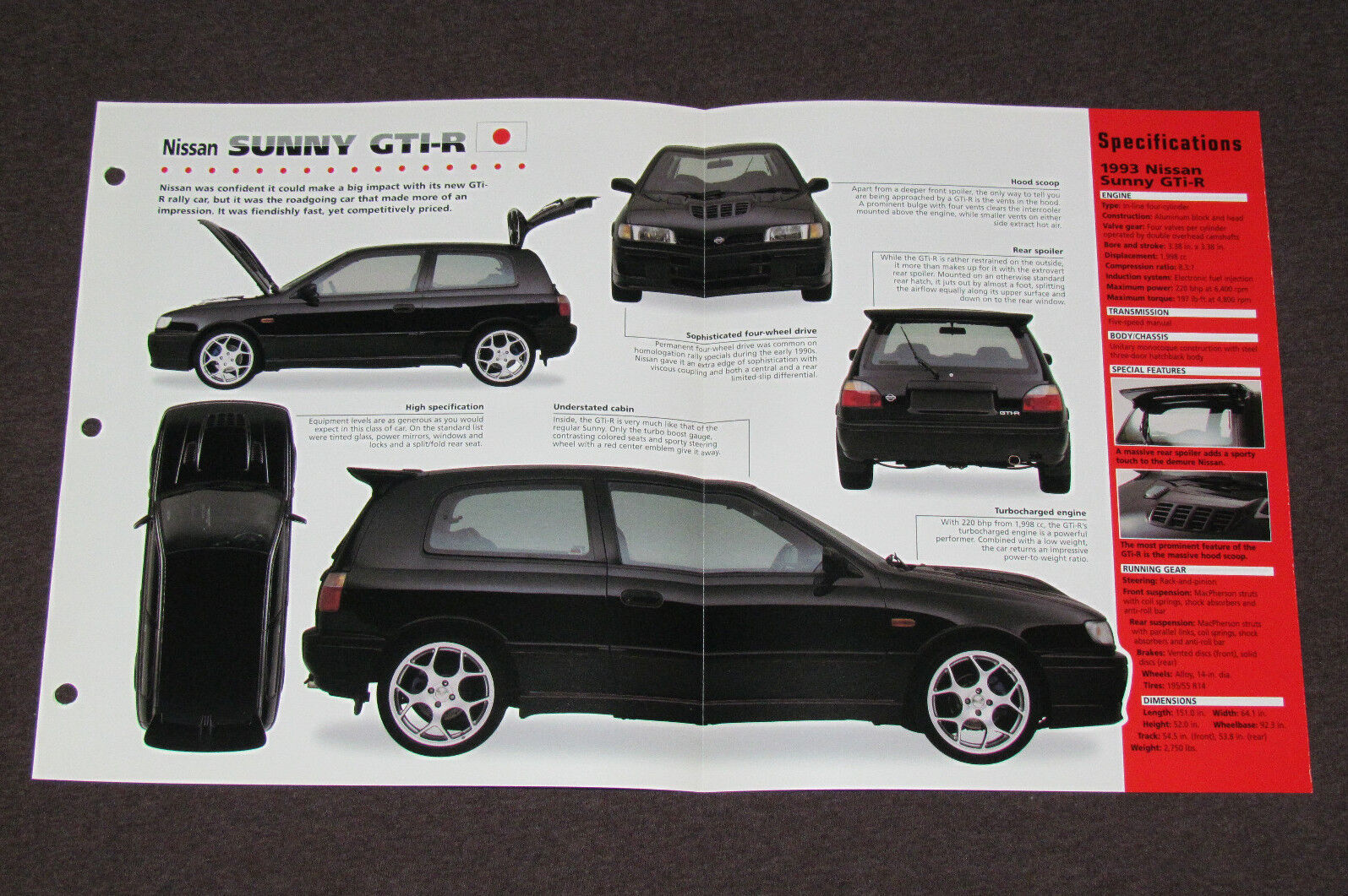 1990-1995 NISSAN SUNNY GTI-R (1993) Car SPEC SHEET BROCHURE PHOTO BOOKLET