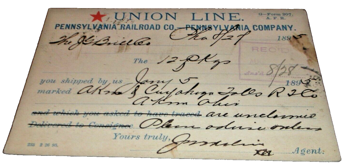 AUGUST 1895 PRR PENNSYLVANIA RAILROAD UNION LINE  FREIGHT DELIVERY POST CARD