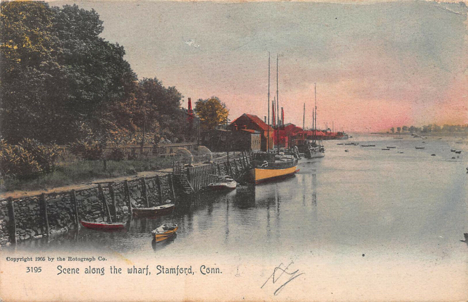 Scene Along the Wharf, Stamford, Connecticut, Hand Colored 1906 Postcard, Used 