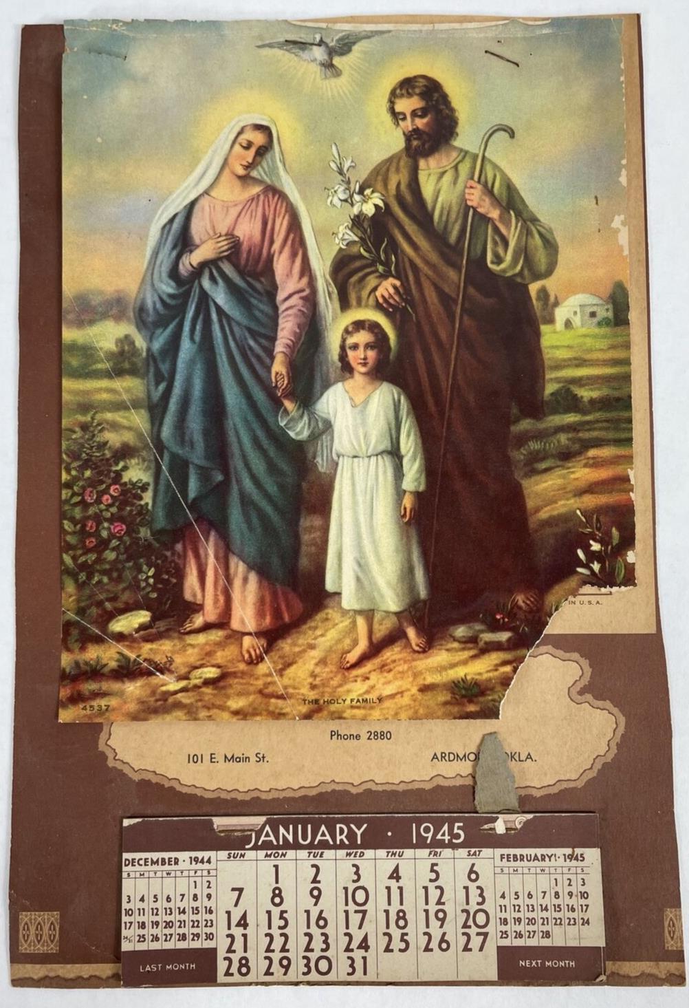 Vintage Wall Calendar 1945 The Holy Family, Jesus Mary, Jones Bros. Furniture Co