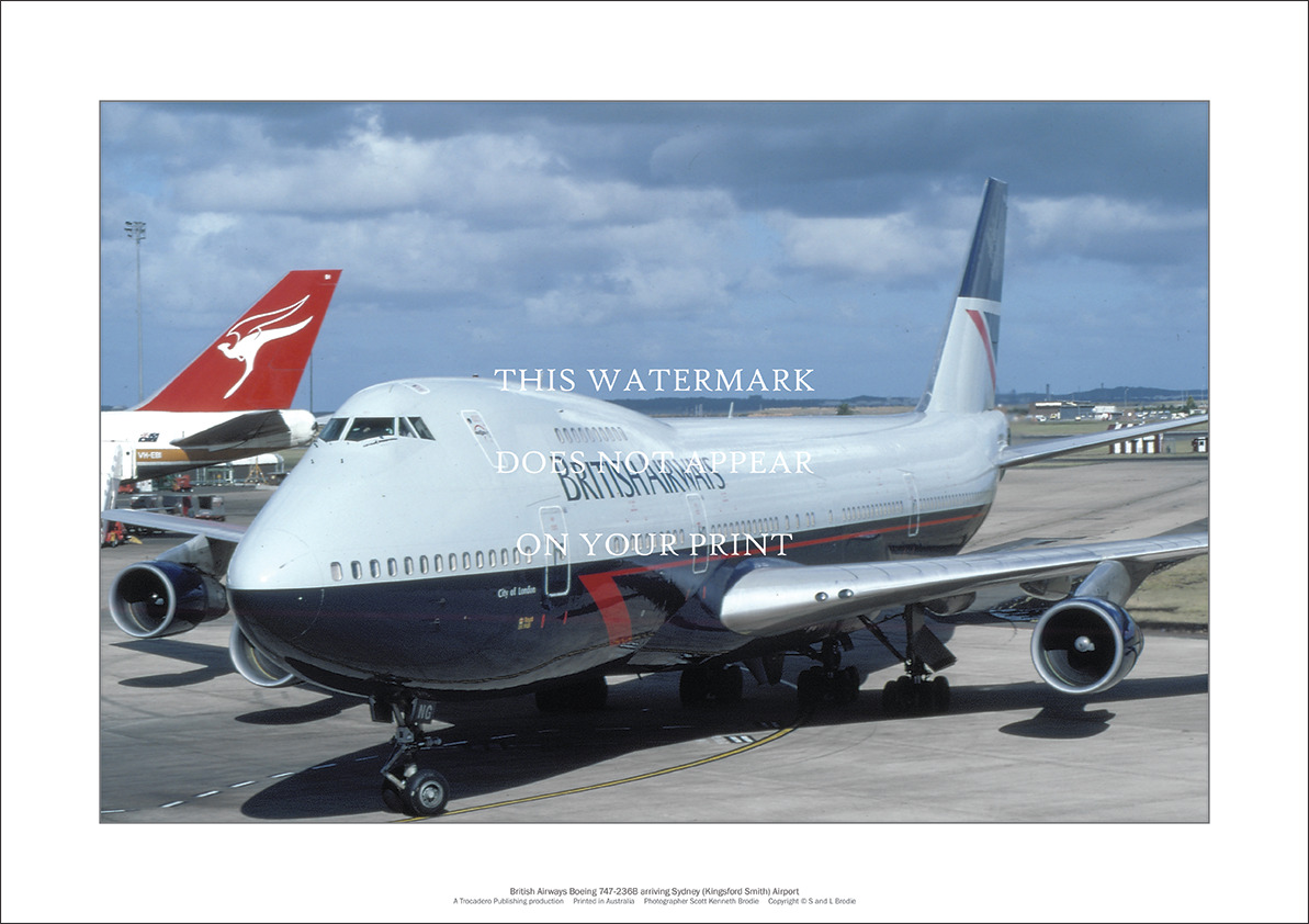 British Airways Boeing 747-236B A2 Art Print – At Sydney – 59 x 42 cm Poster