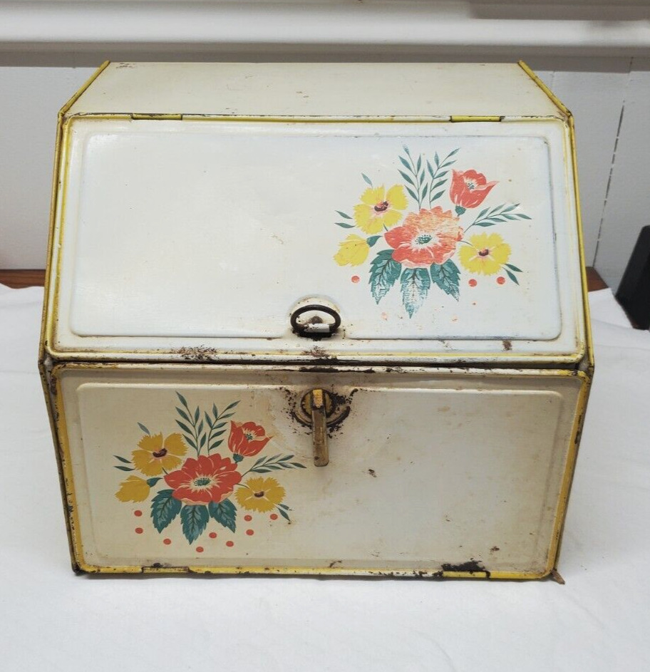 VINTAGE 1940\'s Tin Pie Safe Bread box Combo Yellow Red Blue Floral Latched