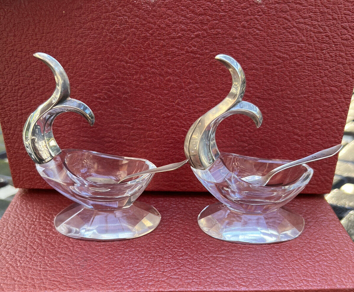 Vintage Sterling silver and Crystal Germany Fish Salt/Caviar Sets of 2