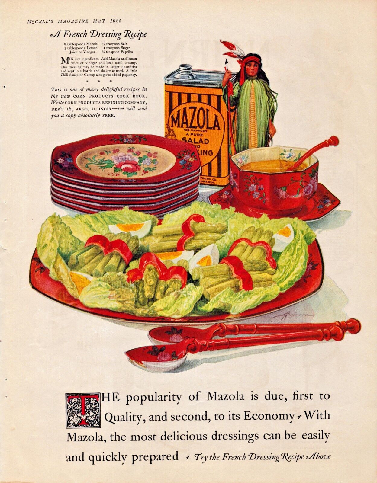 1925 Mazola Corn Oil A French Salad Dressing Recipe Vintage Print Ad