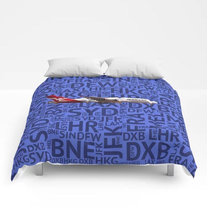 Qantas Airlines Airbus A380 with Airport codes (Blue) - Queen Size Comforter