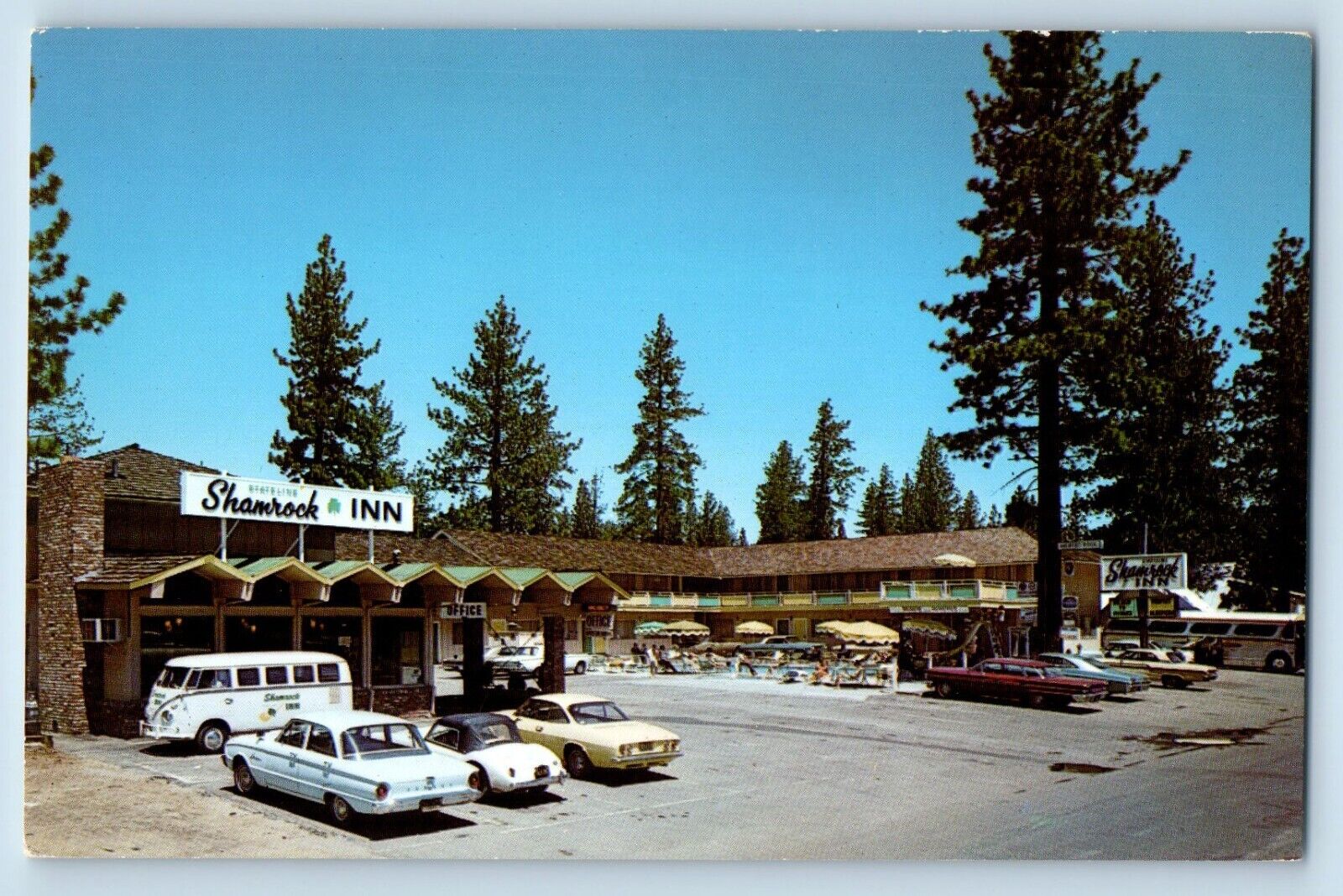 Lake Tahoe California Postcard Shamrock Inn Exterior Building Classic Cars 1960