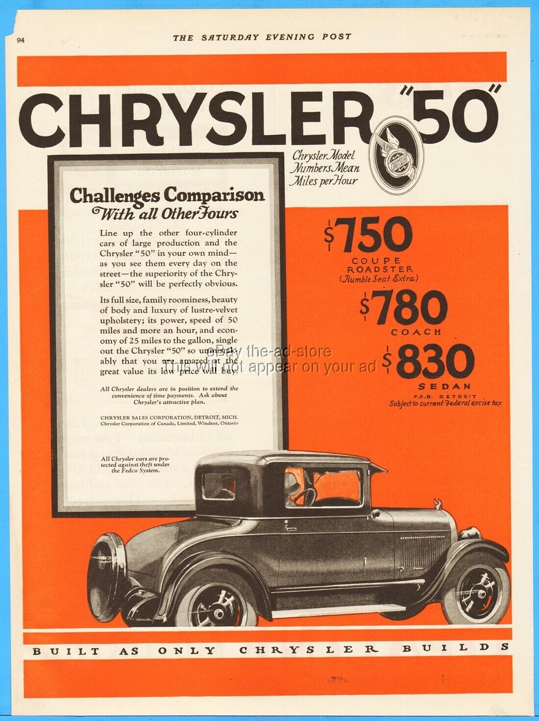 1927 Chrysler 50 Coupe Roadster $750 Rumble Seat Extra 1920\'s Car Art Ad Ad