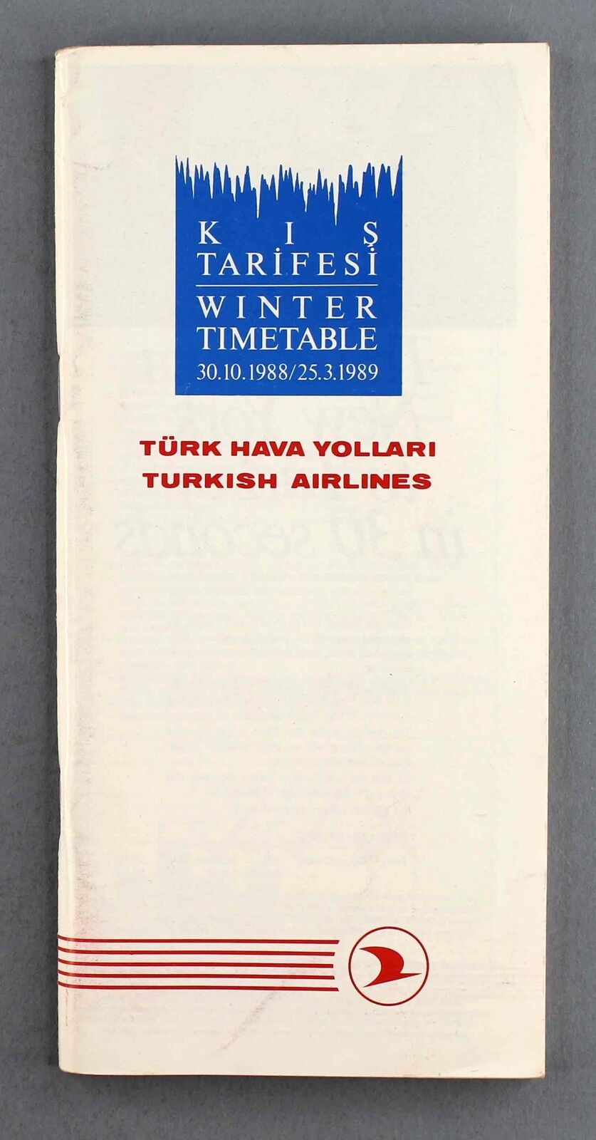TURKISH AIRLINES AIRLINE TIMETABLE WINTER 1988/89 THY TURK HAVA YOLLARI
