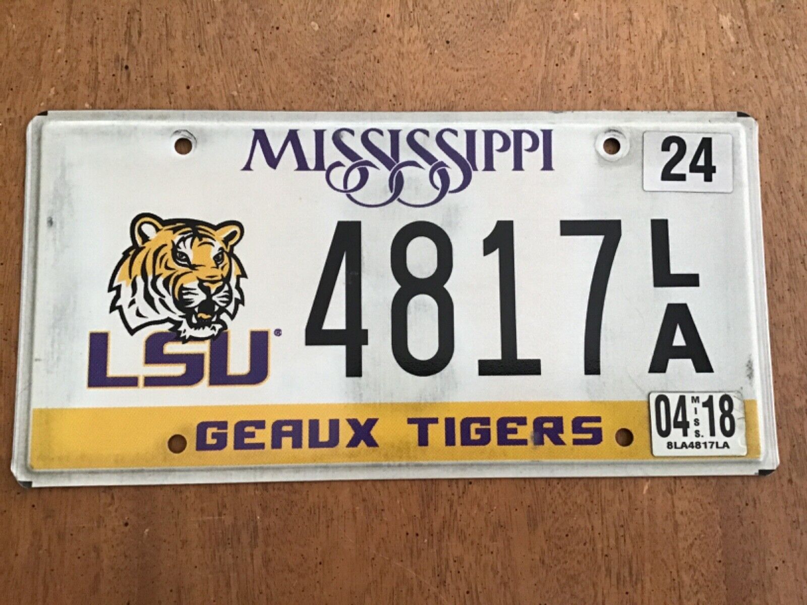 2018 Mississippi LSU License Plate Tag 4817LA Tigers Louisiana State University