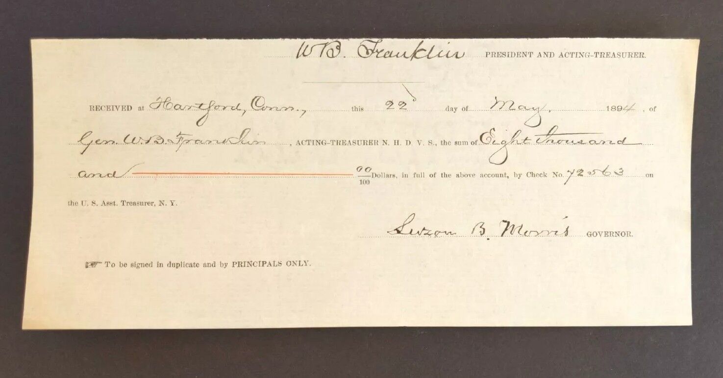 1894 Receipt Signed by Union Army General WB FRANKLIN & CT Governor LUZON MORRIS