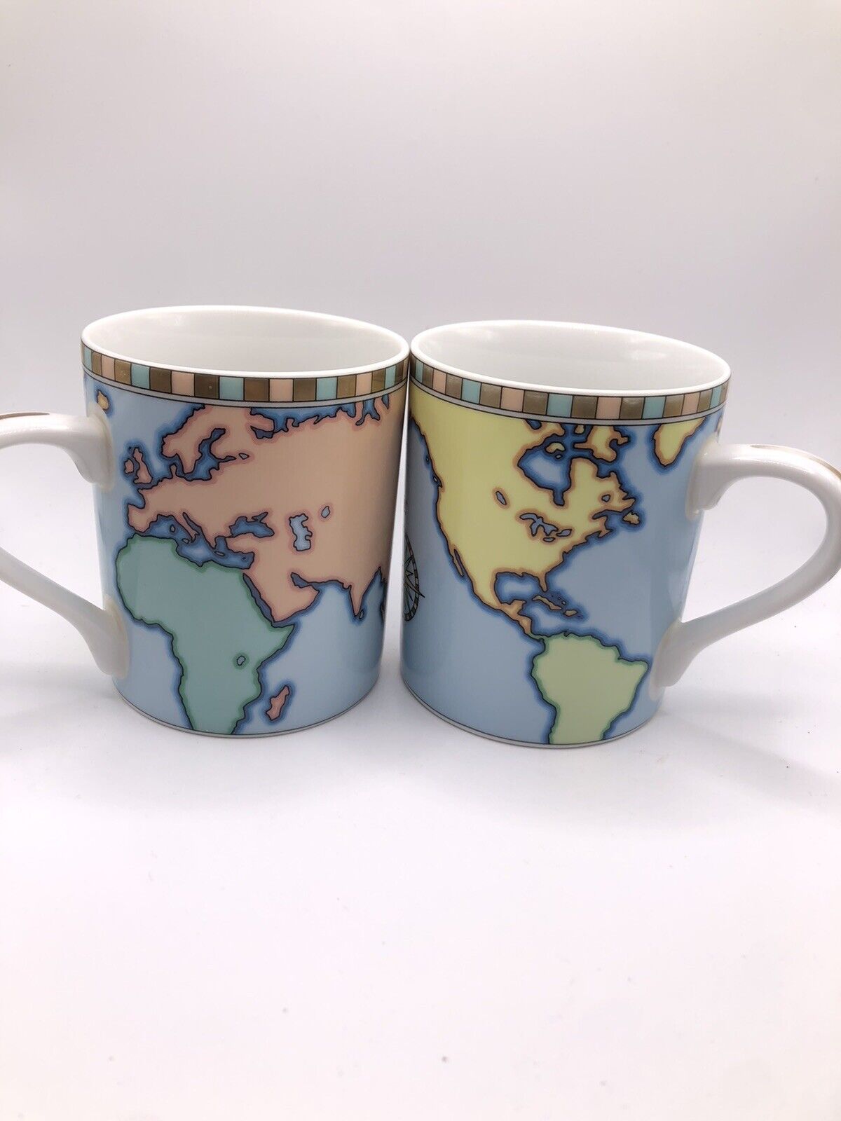 2x Tiffany & Co Bone China Atlas World Map Compass Mug Cup Gold Accent Blue Set