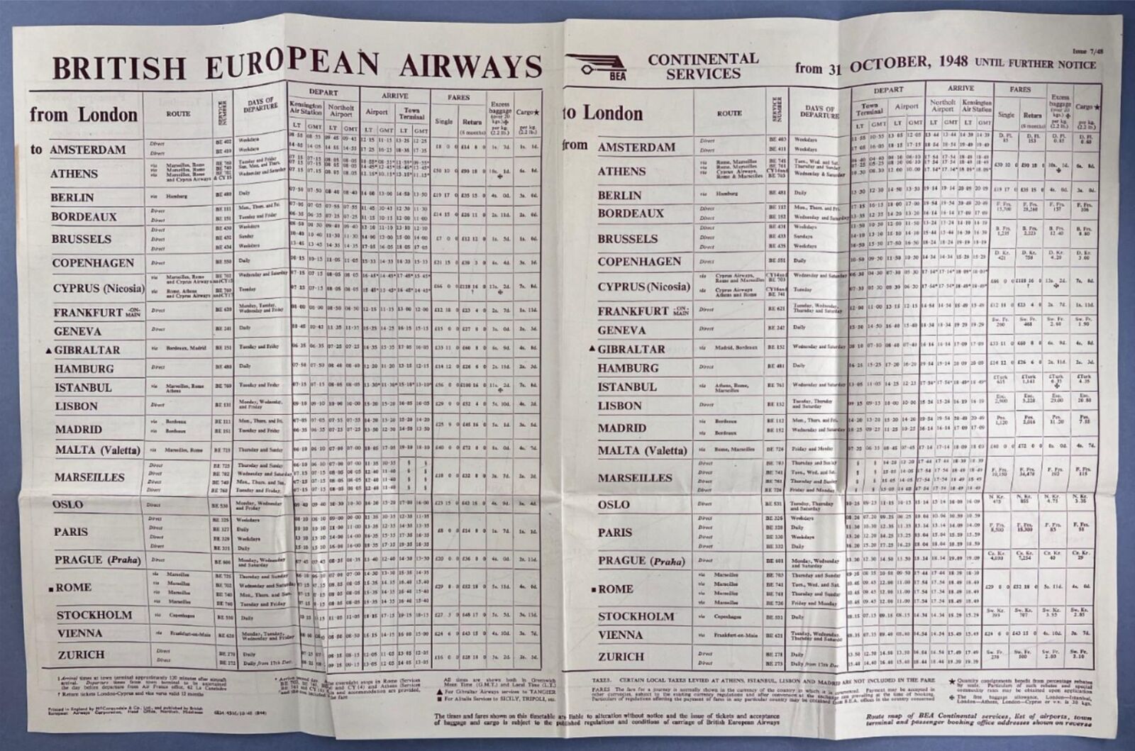 BEA BRITISH EUROPEAN AIRWAYS CONTINENTAL SERVICES AIRLINE TIMETABLE OCTOBER 1948