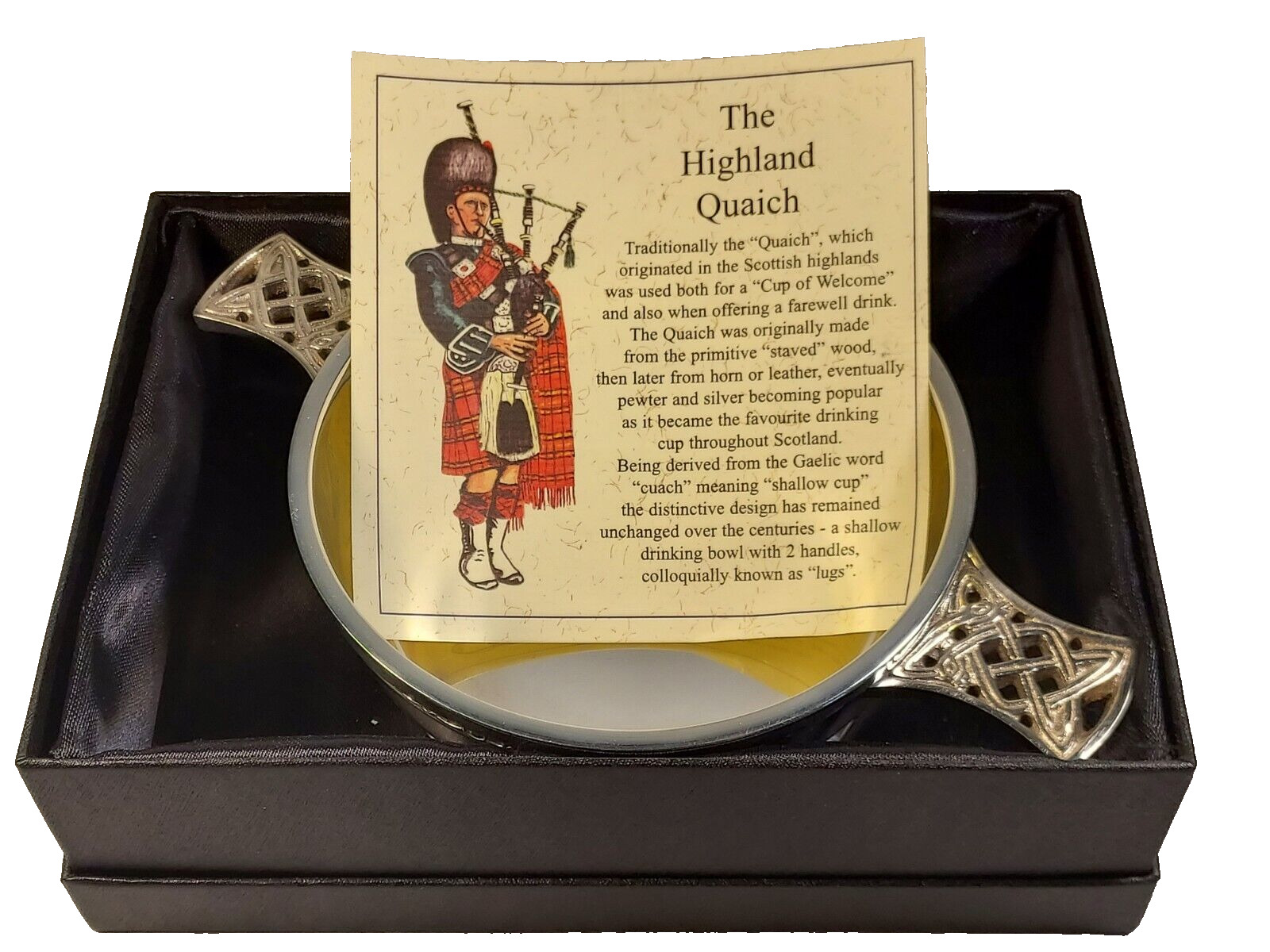 VTG The Highland Quaich Scottish Pewter Welcome Cup Celtic Handle Gaelic Boxed