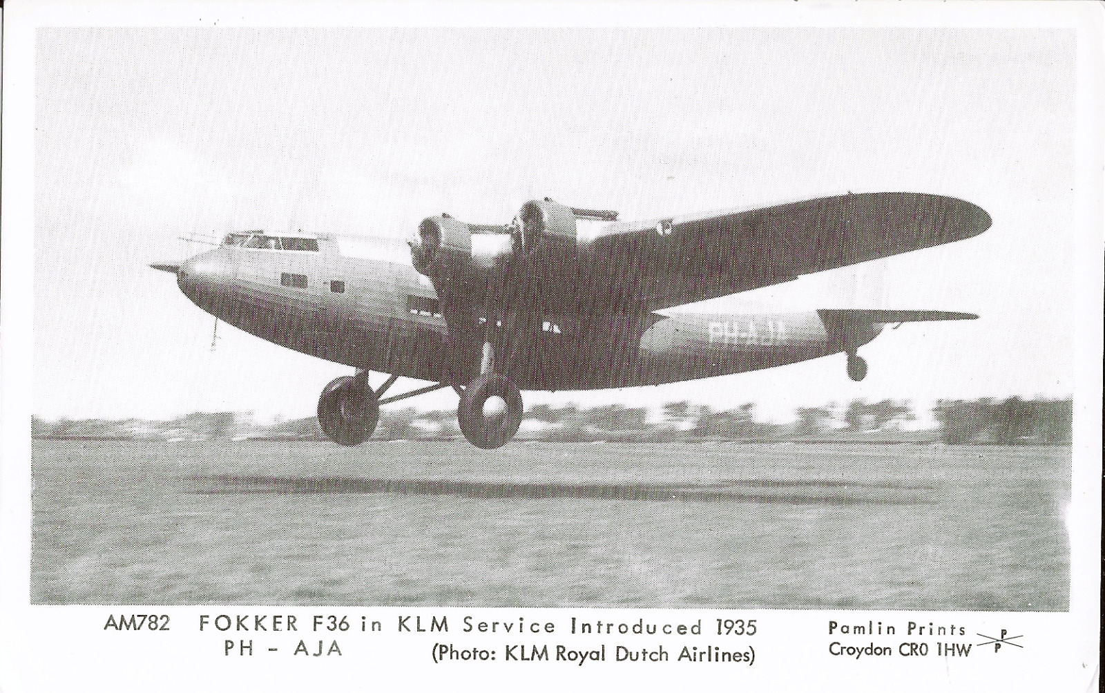 KLM Postcard, FOKKER F36 Introduced in 1935.