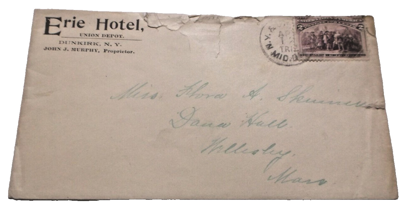 AUGUST 1894 ERIE RAILROAD NEW YORK & DUNKIRK RPO HANDLED ERIE HOTEL ENVELOPE