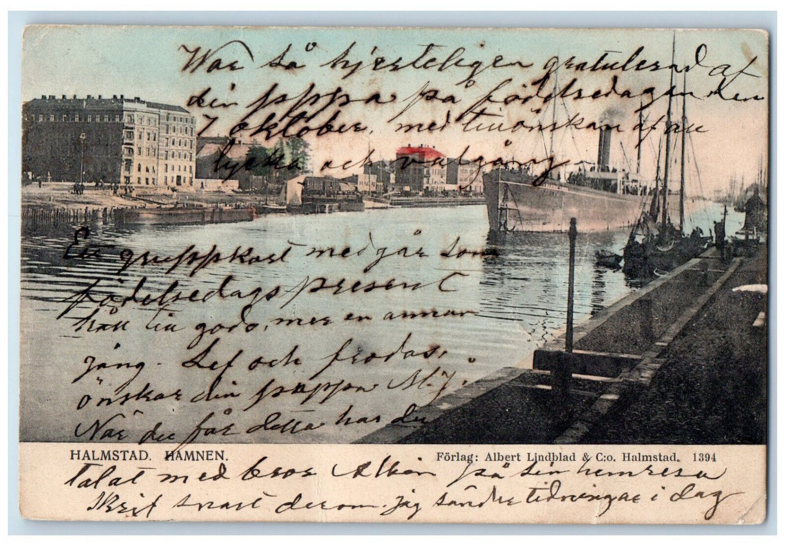 c1905 Steamer Approaching Halmstad Harbor Sweden Antique Posted Postcard