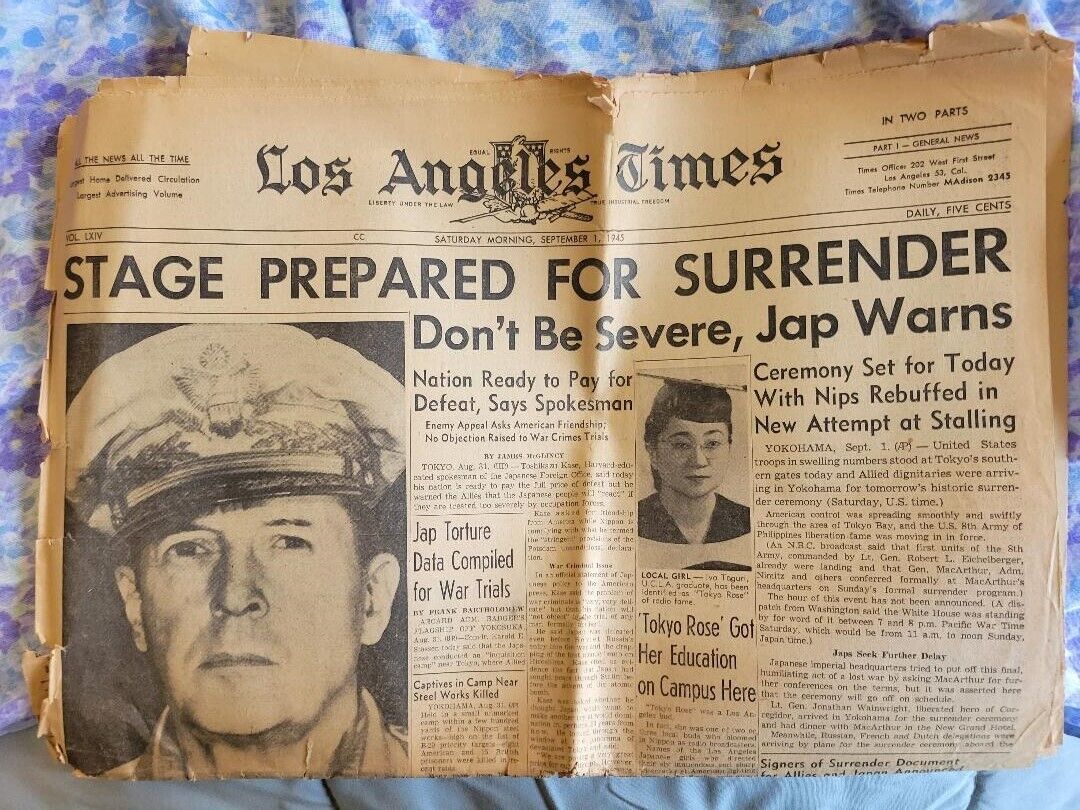 LA TIMES NEWSPAPER September 1, 1945 WWII Surrender, Tokyo Rose, Nazi Death Camp