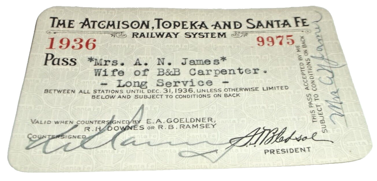 1936 SANTA FE RAILWAY ATSF EMPLOYEE PASS #9975
