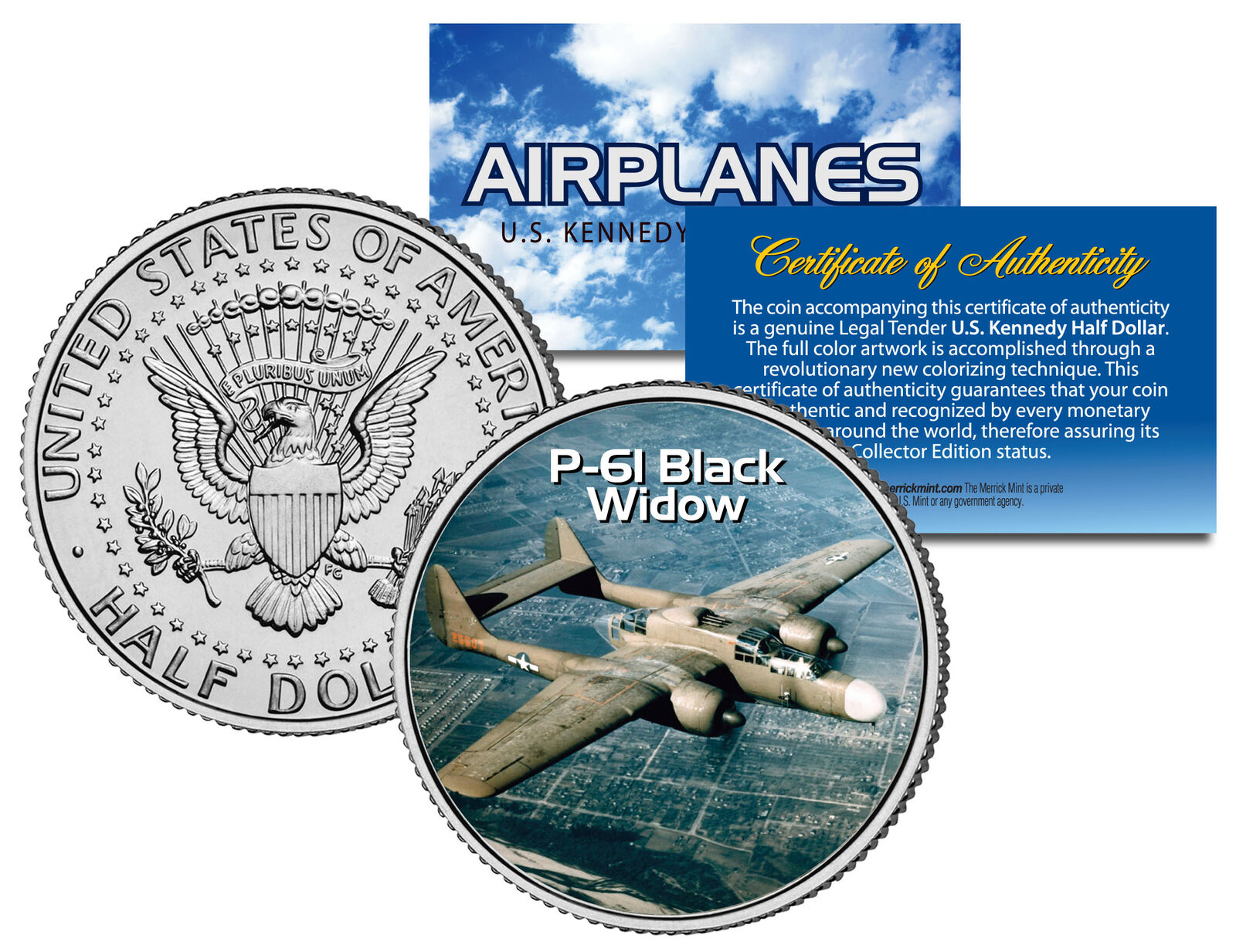 P-61 BLACK WIDOW * Airplane Series * Kennedy Half Dollar Colorized US Coin