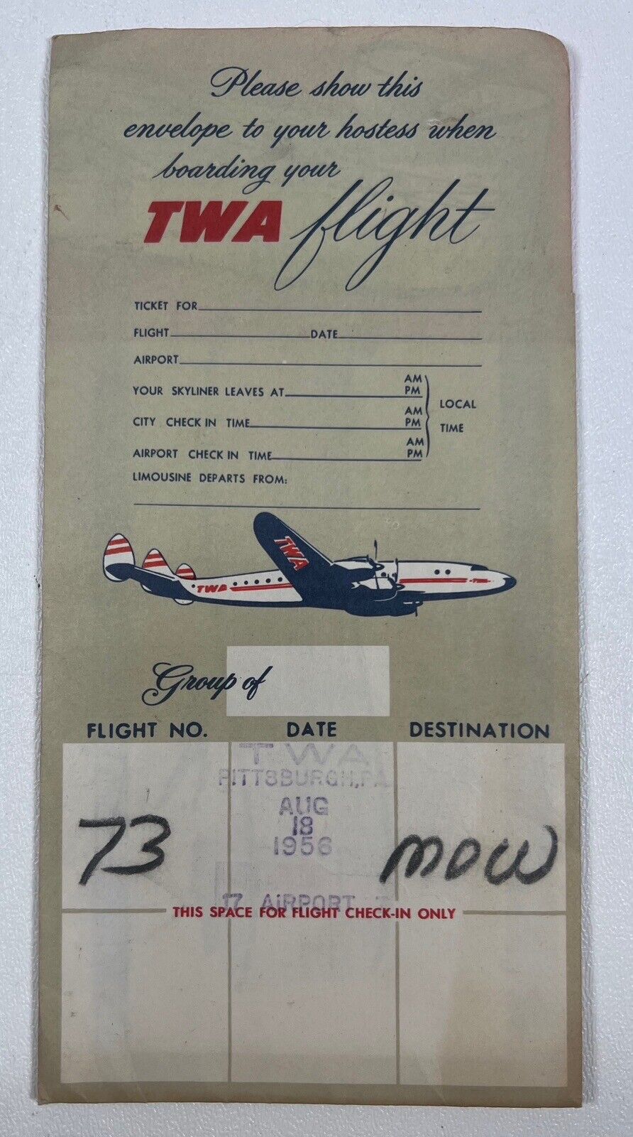 Vintage 1956 TWA Trans World Airlines Ticket & Jacket Pittsburgh Chicago Midway