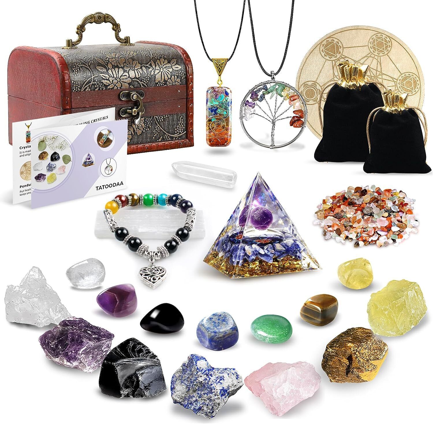 26Pcs Crystals and Healing Stones Healing Crystal Set for Meditation Wooden Gift