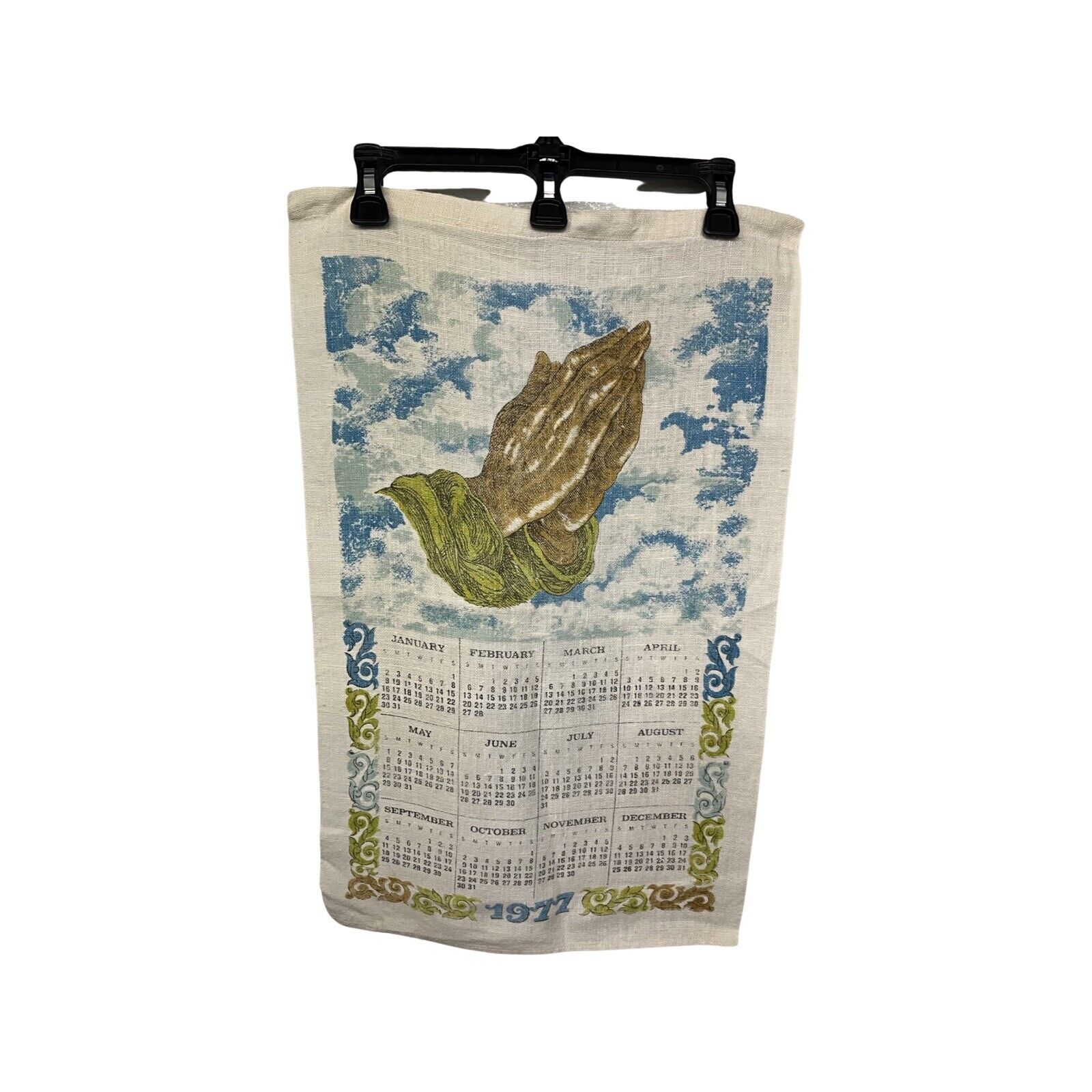 1977 Praying Hands Calendar Linen Tea Kitchen Towel Vintage 17 x 26 in