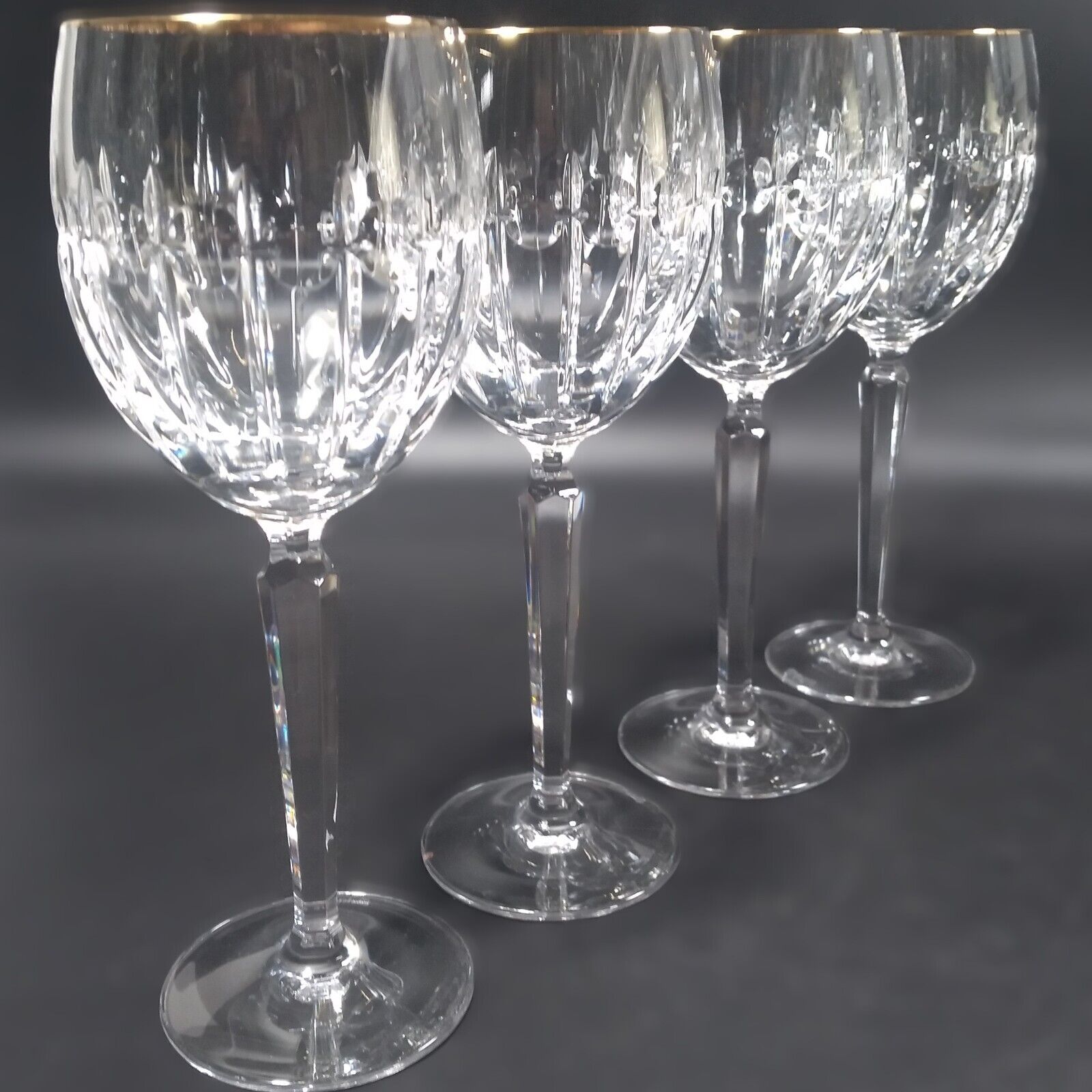 4 WATERFORD Crystal GRENVILLE GOLD Wine Goblets Vertical Cuts & Dots w Gold Rim