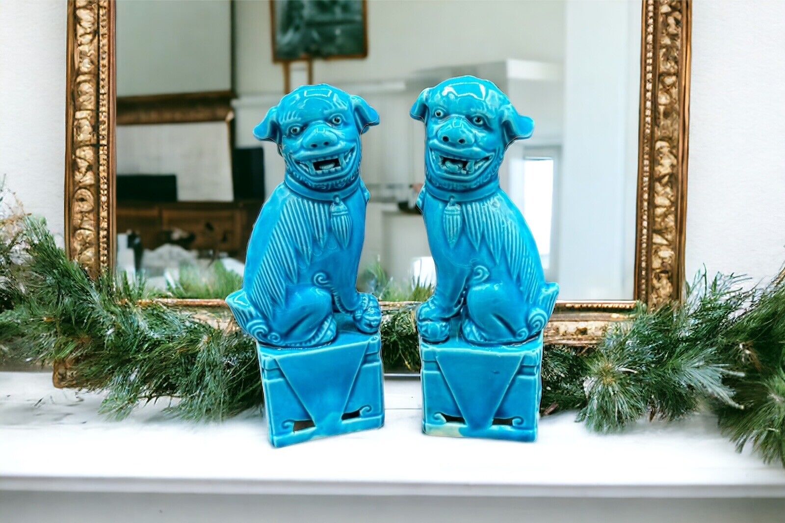 Small Pair of Vintage Turquoise Glazed Ceramic Foo Dogs - China - Circa 1980's