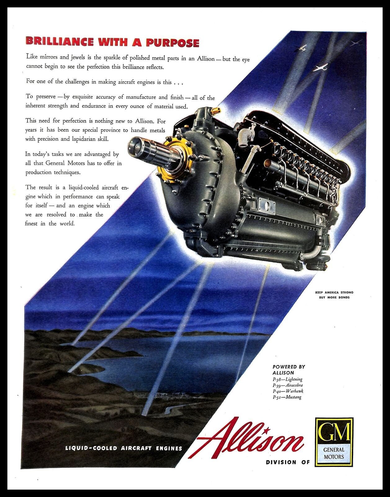 1943 Allison Liquid Cooled Aircraft Engines Vintage PRINT AD War Bonds GM 40s