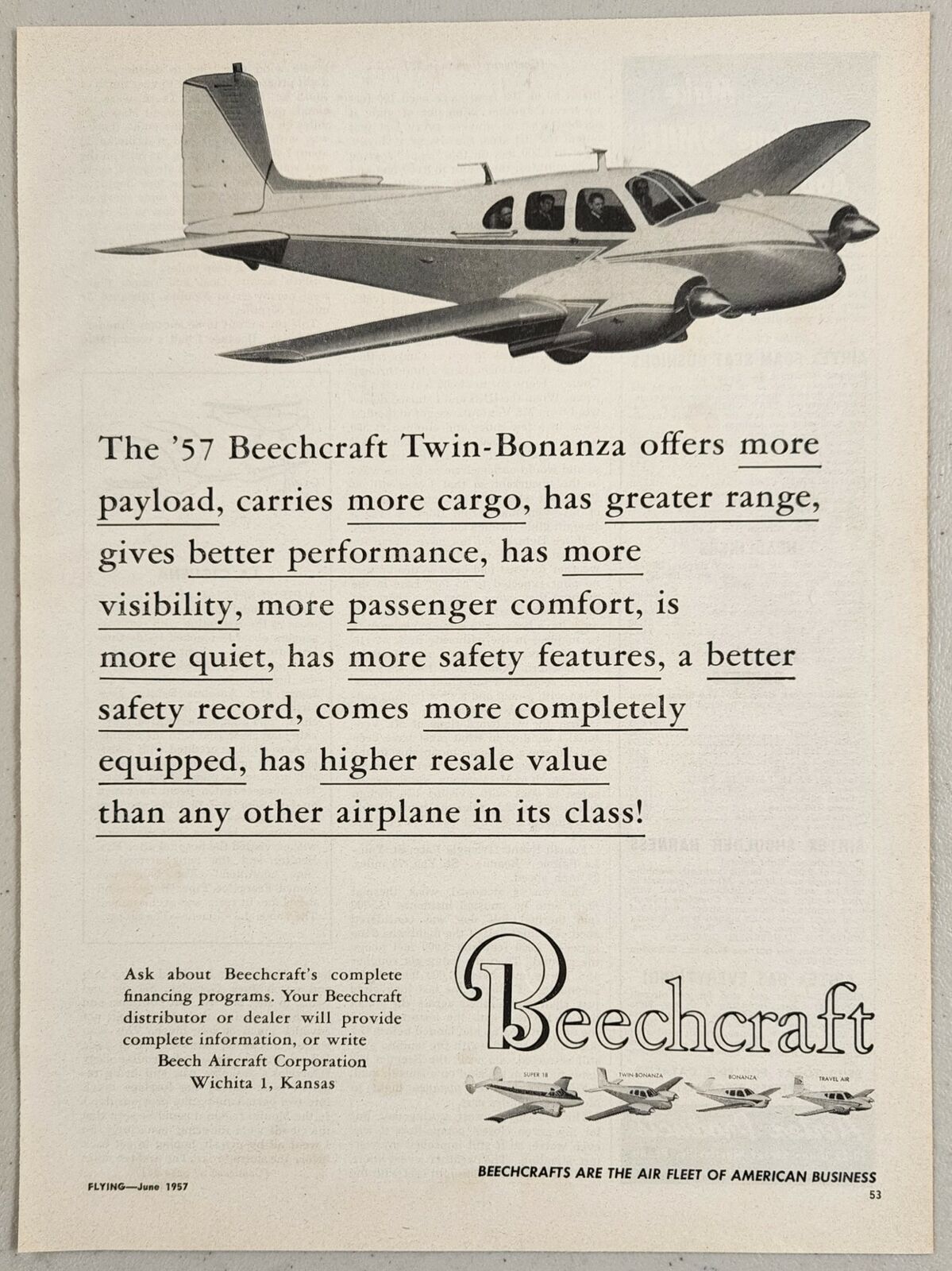 1957 Print Ad Beechcraft Twin Bonanza Airplanes Made in Wichita,Kansas