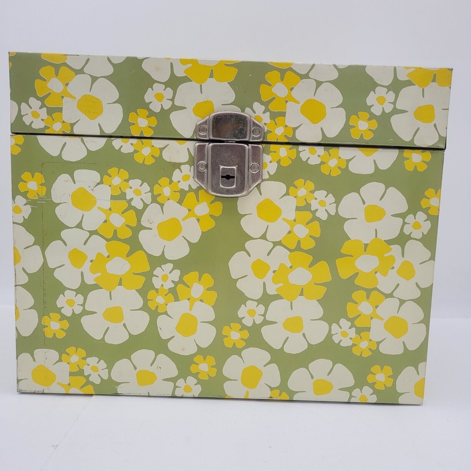 Vintage 1960s 1970's Metal File Box Storage Daisy Flowers Green Yellow No Key