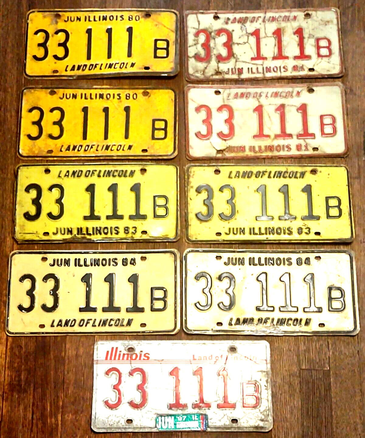 9 Illinois Land of Lincoln Metal Expired License Plates 33 111B 1980,81,83,84,97