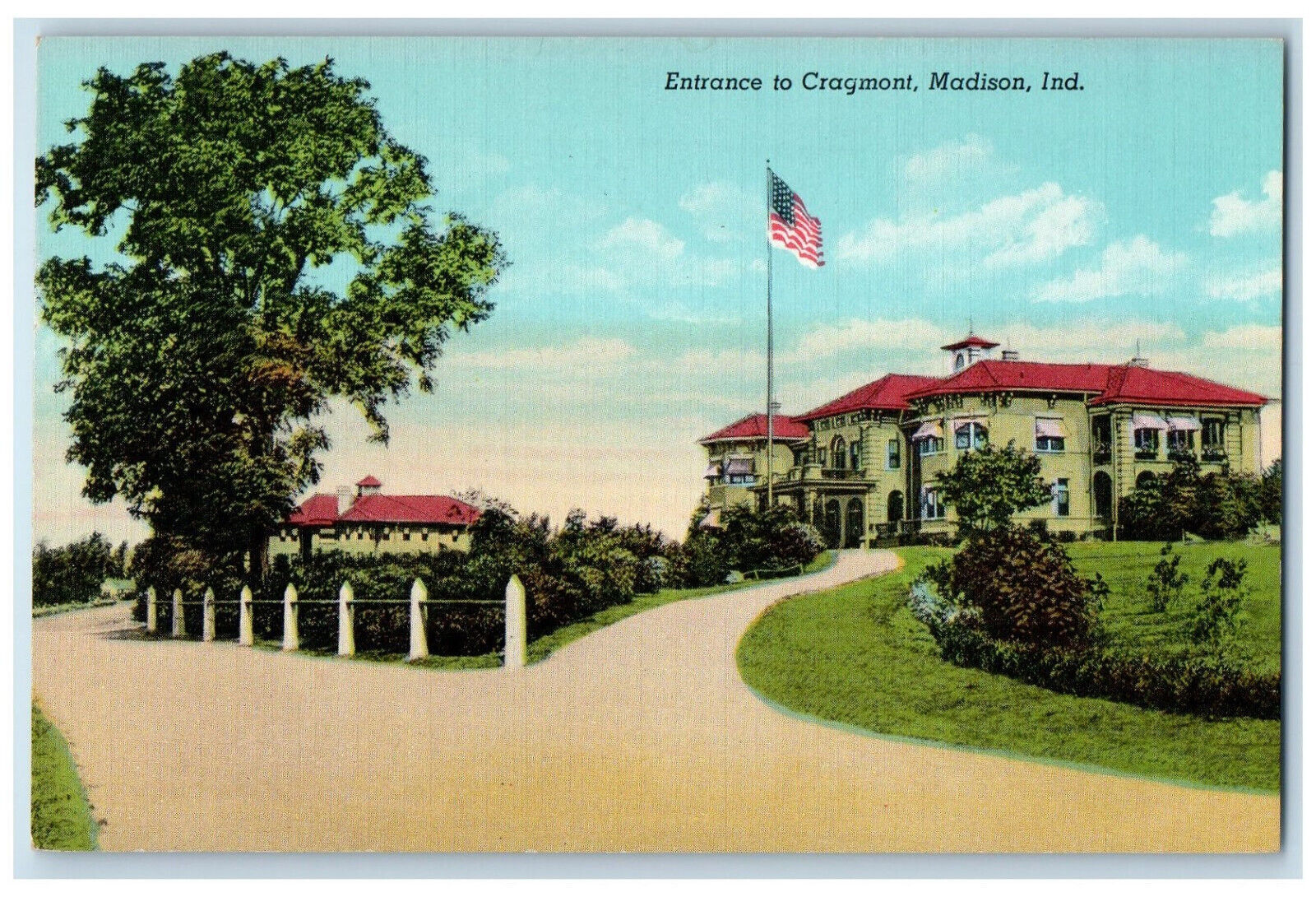 c1950\'s USA Flag Road Entrance to Cragmont Madison Indiana IN Vintage Postcard