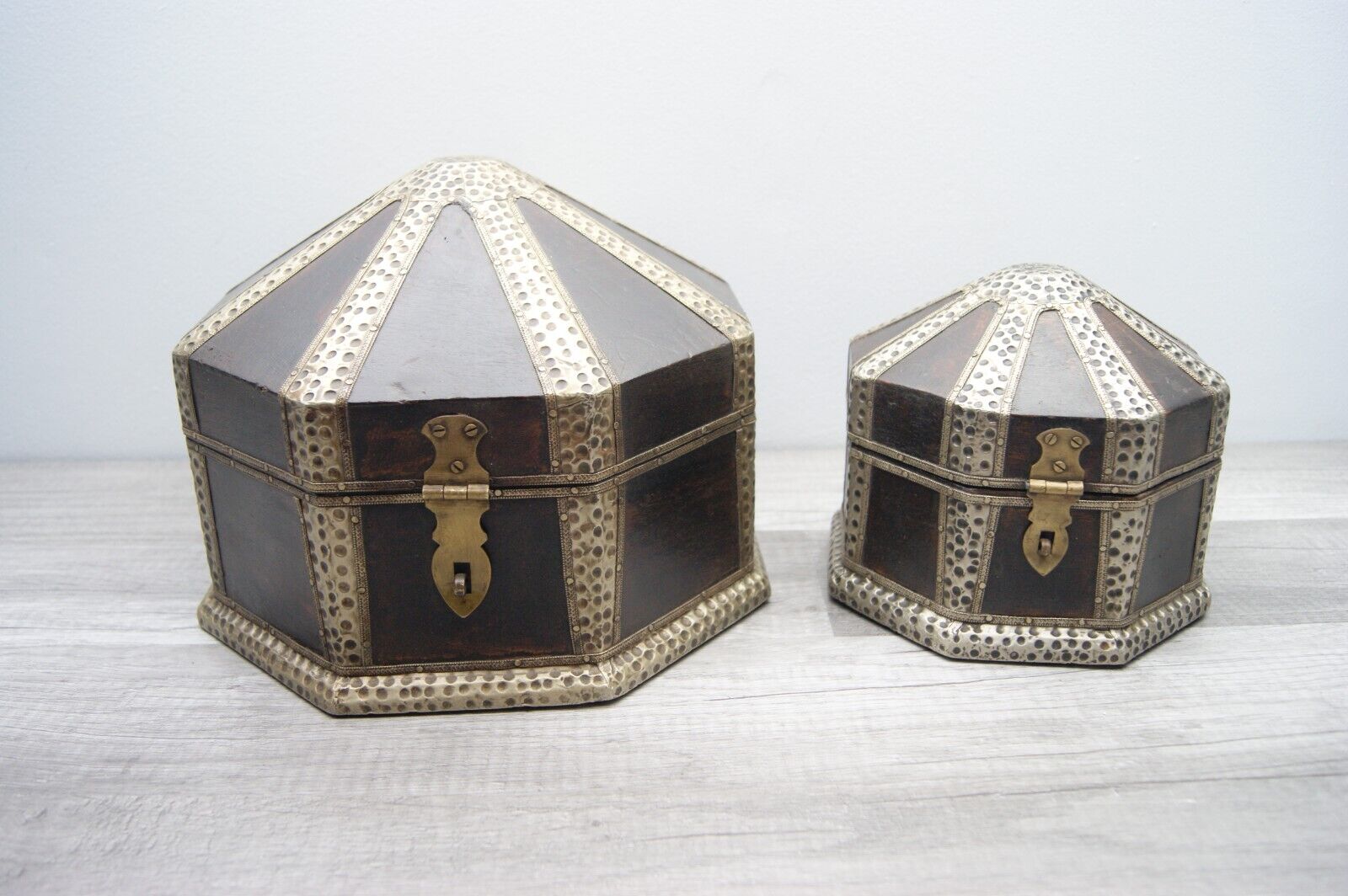 2 Pier1 Hexagon Jewelry/Trinket Boxes (Lg/Med) Wood with Hammered Brass Accents